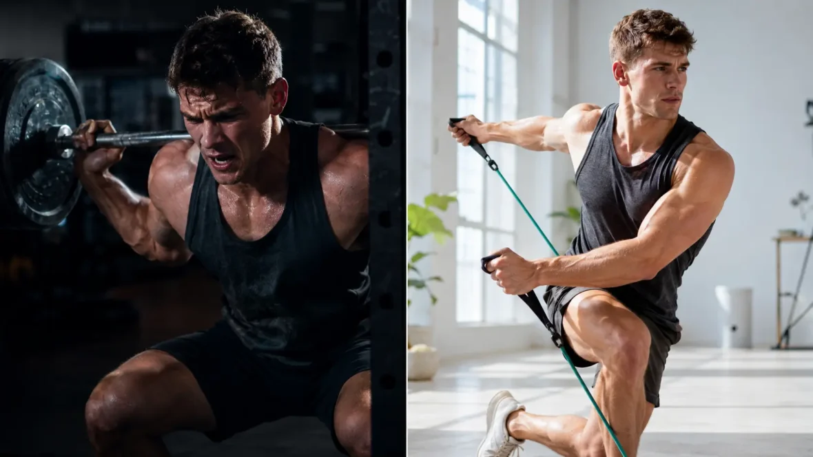 Gen Z athlete practicing low impact functional movement and mobility training with resistance bands